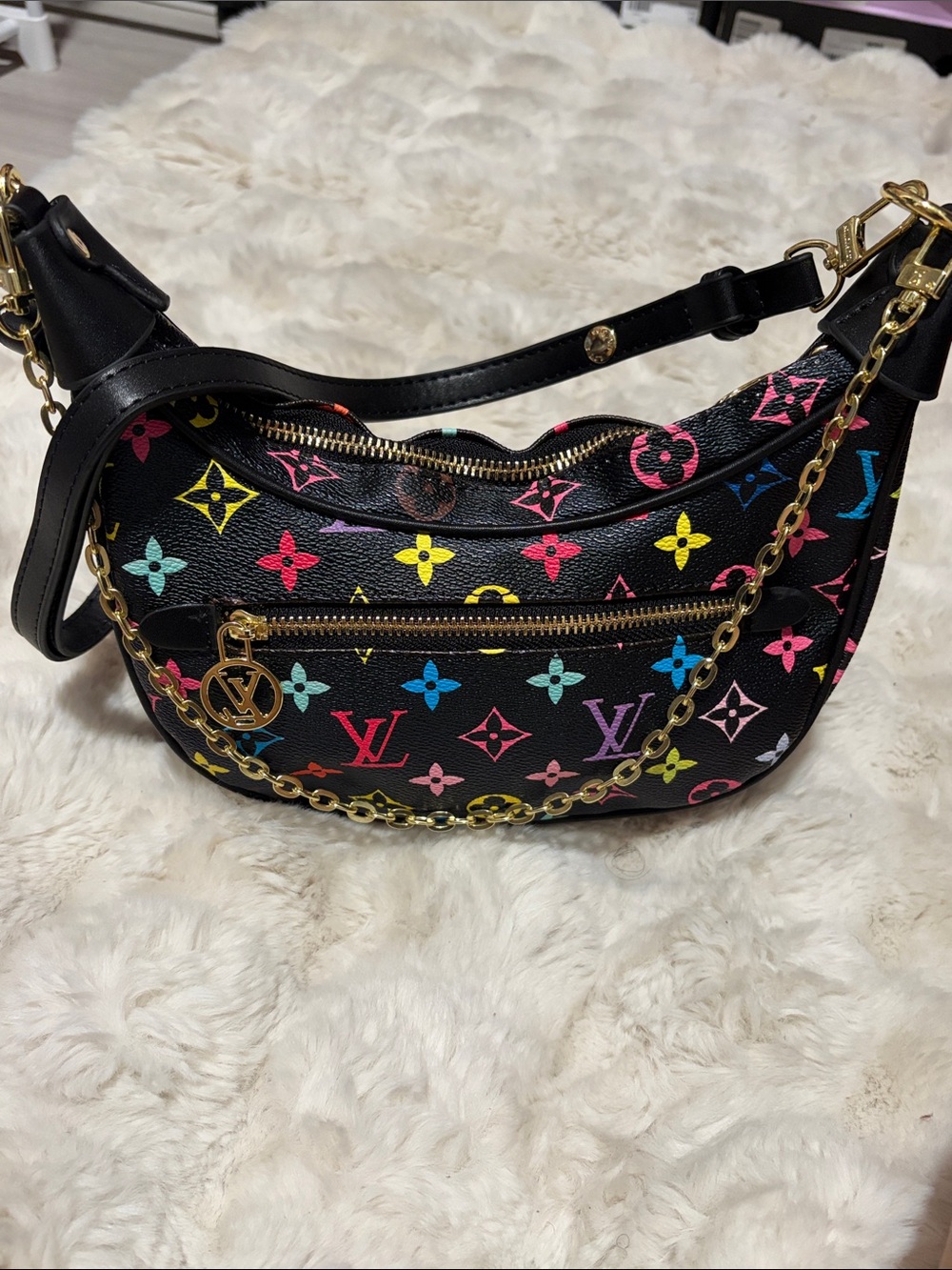 Black Multicolor Monogram Crescent Shoulder Bag with Gold Chain